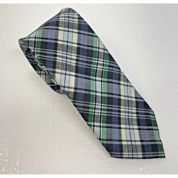 Charles Tyrwhitt Blue Green Tartan Plaid Silk‎ Linen Blend Preppy Tie - Picture 1 of 7